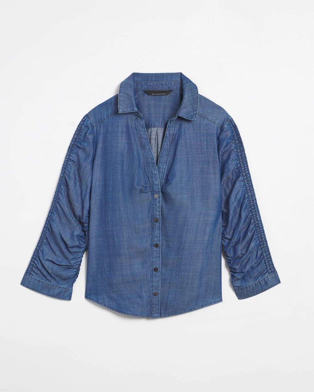Elbow Sleeve Smocked Denim Shirt | White House Black Market
